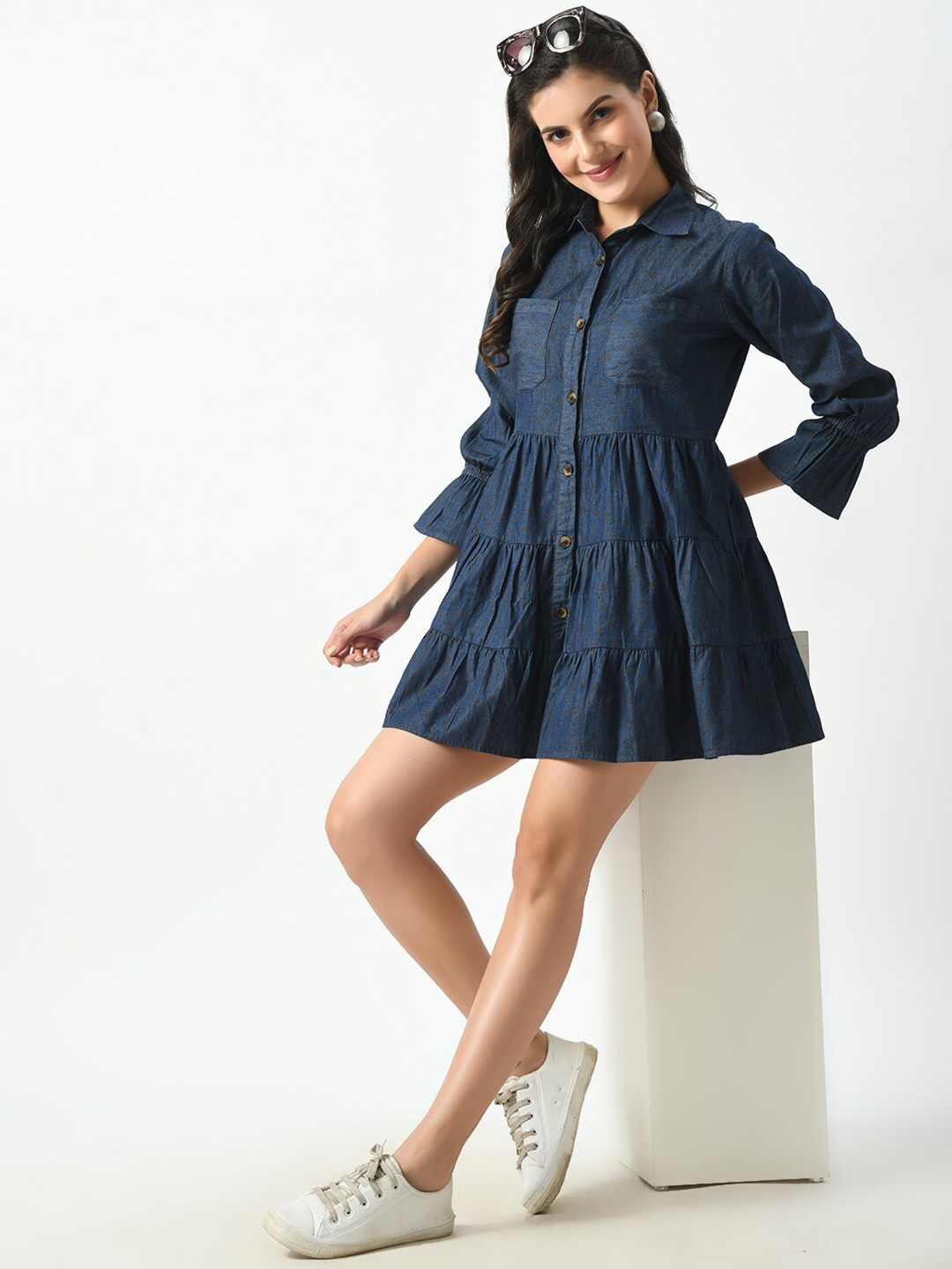 Hencemade Print Tiered Puff Sleeve Cotton Denim Shirt Mini Dress