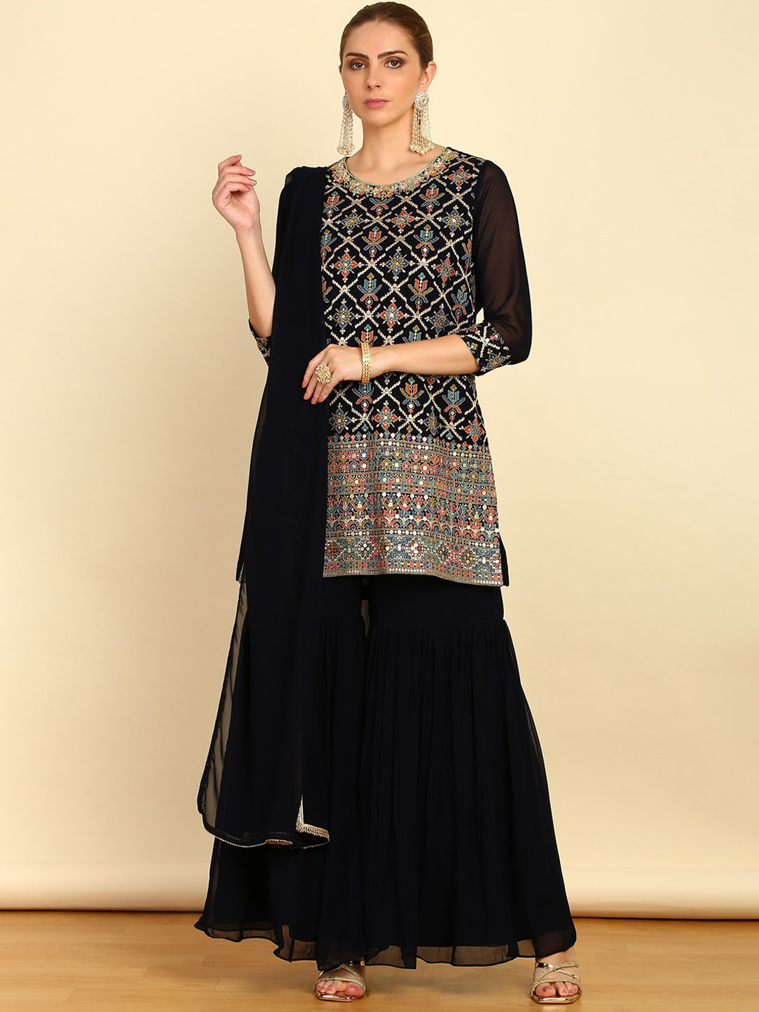 Soch Navy Blue Ethnic Motifs Embroidered Regular Sequinned Kurti & Sharara With Dupatta