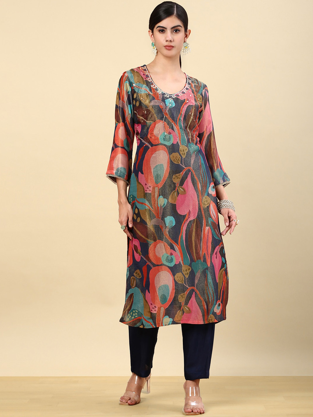 Soch Green Floral Printed Gotta Patti Organza Kurta with Trousers & With Dupatta