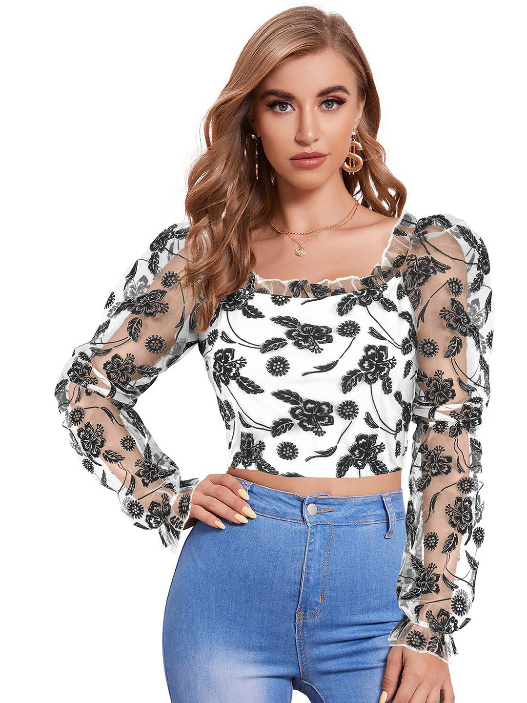 ODETTE Square Neck Long Puff Sleeves Floral Print Crepe Crop Top