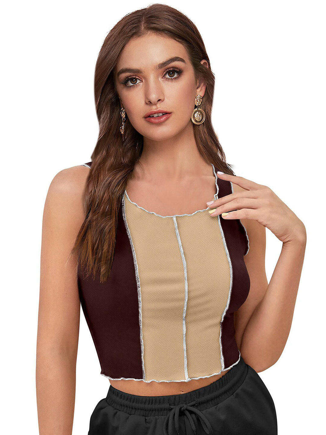 ODETTE Solid Brown Colourblocked Fitted Crop Crepe Top