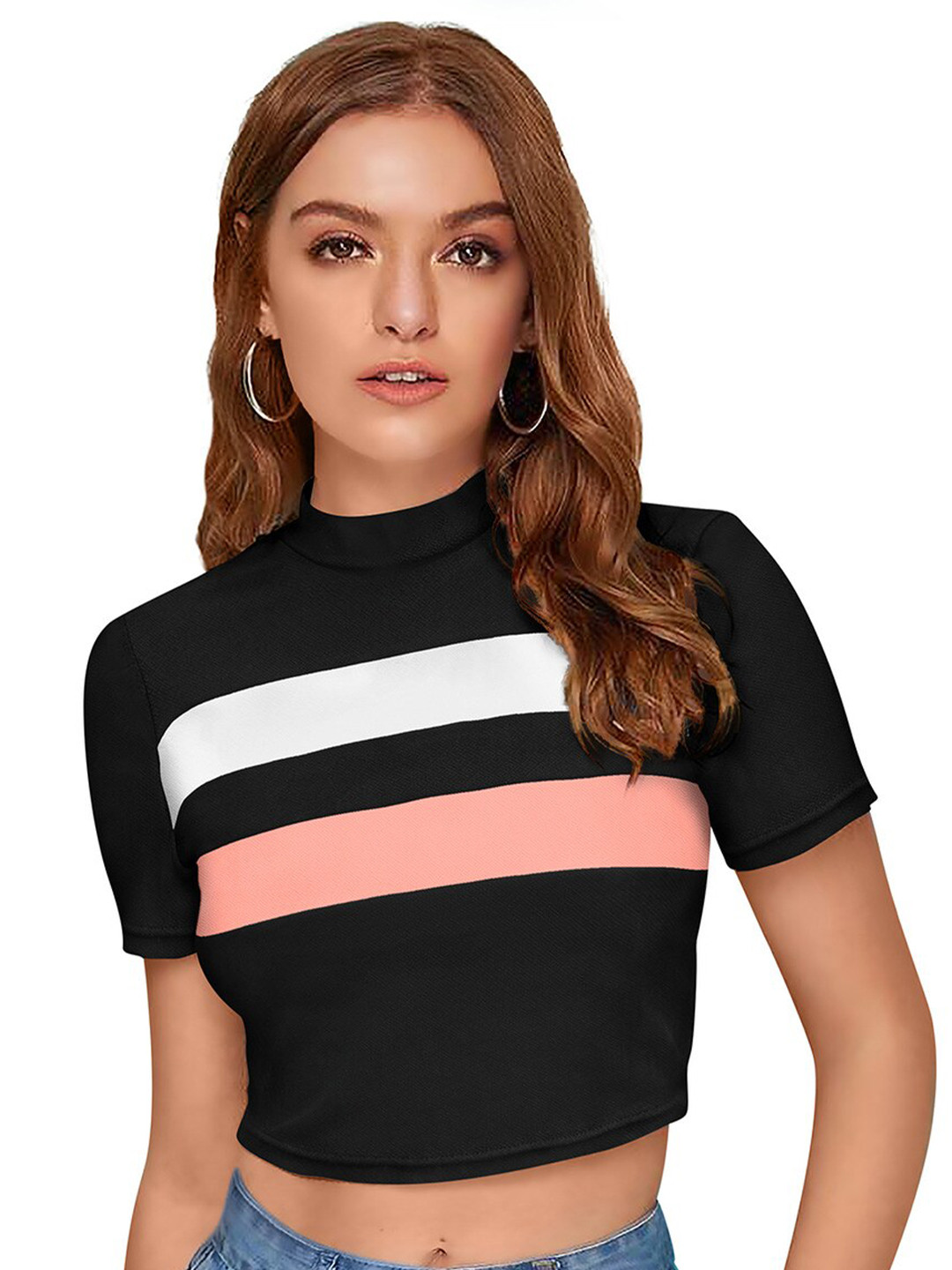 ODETTE Mock Neck Short Sleeves Striped Crepe Crop Top