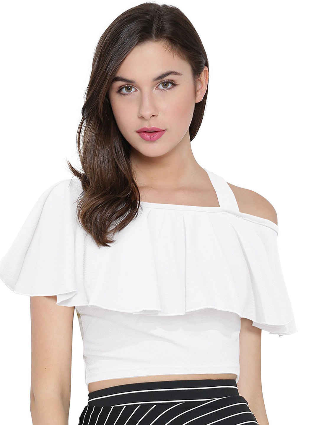 ODETTE Solid White Shoulder Straps Cold Sleeves Bardot Crop Crepe Top