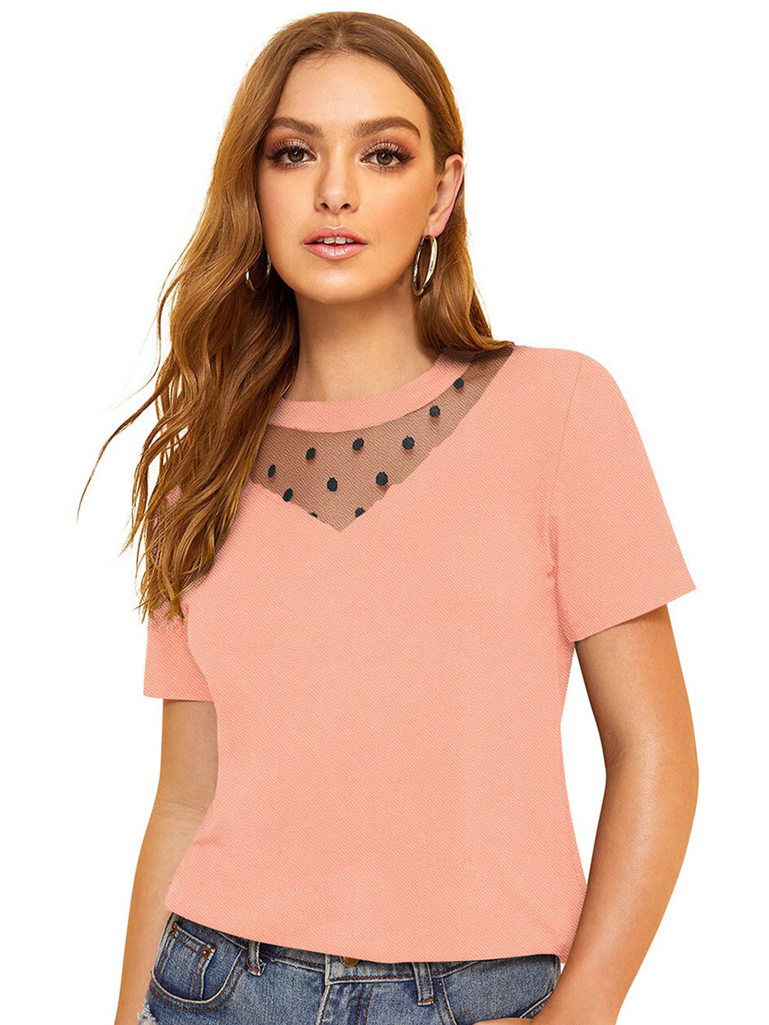 ODETTE Self Design Lace Inserts Crepe Top