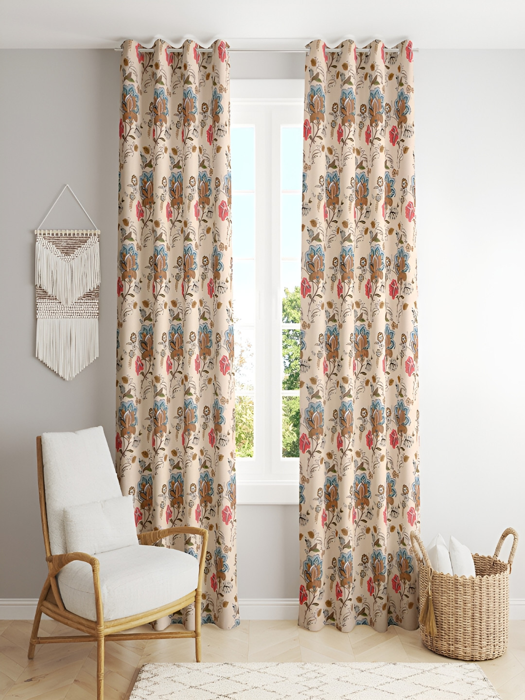 CHICERY Turquoise Blue & Pink 2 Pieces Floral Cotton Room Darkening Window Curtain