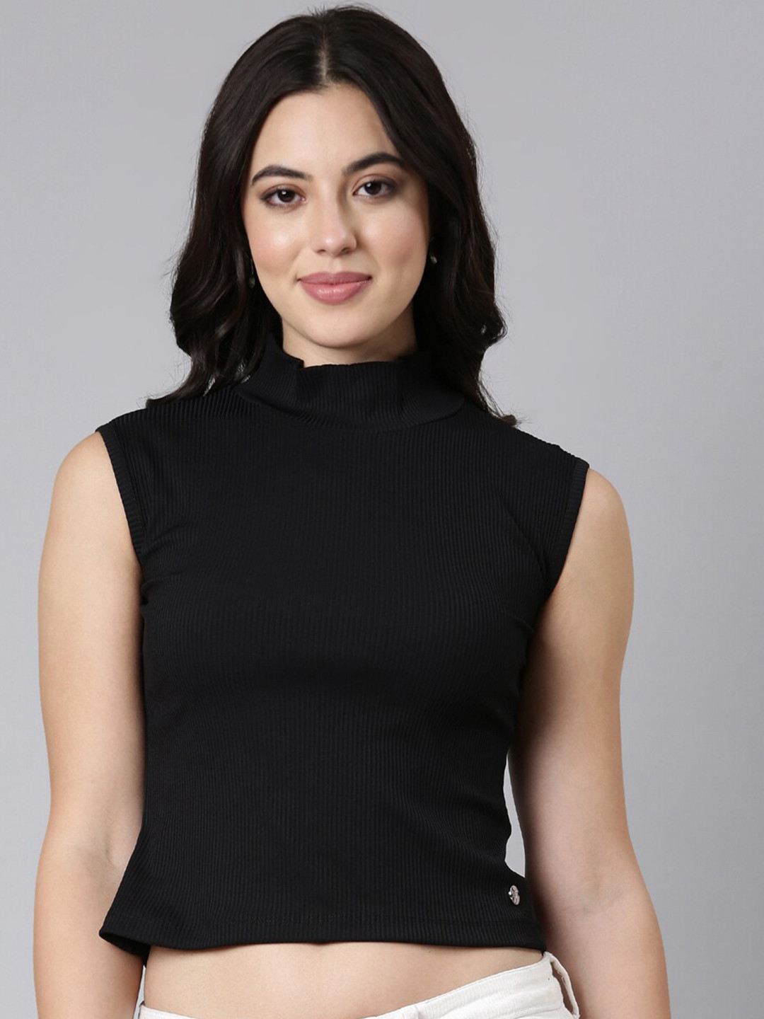 TWIN BIRDS Ribbed High Neck Sleeveless Fitted Crop Top