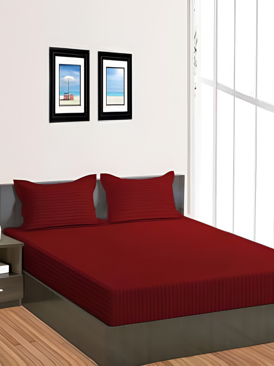Comfowell Maroon Striped Cotton 210 TC Super King Fine Bedsheet with 2 Pillow Covers-250 x 250 cm