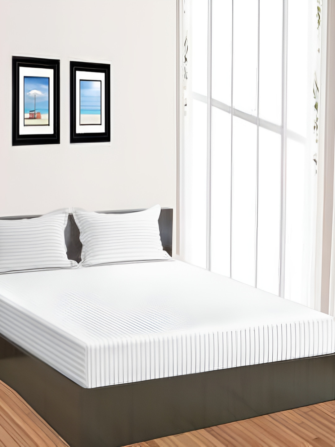 Comfowell White Striped Cotton 210 TC Super King Fine Bedsheet with 2 Pillow Covers-114 x 114 inches