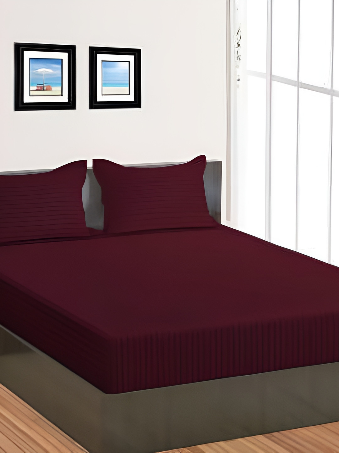 Comfowell Burgundy Striped Cotton 210 TC Super King Fine Bedsheet with 2 Pillow Covers-90 x 148 inches