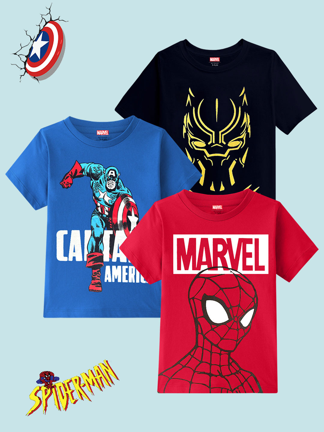KUCHIPOO Boys Pack of 3 Marvel Printed T-shirts
