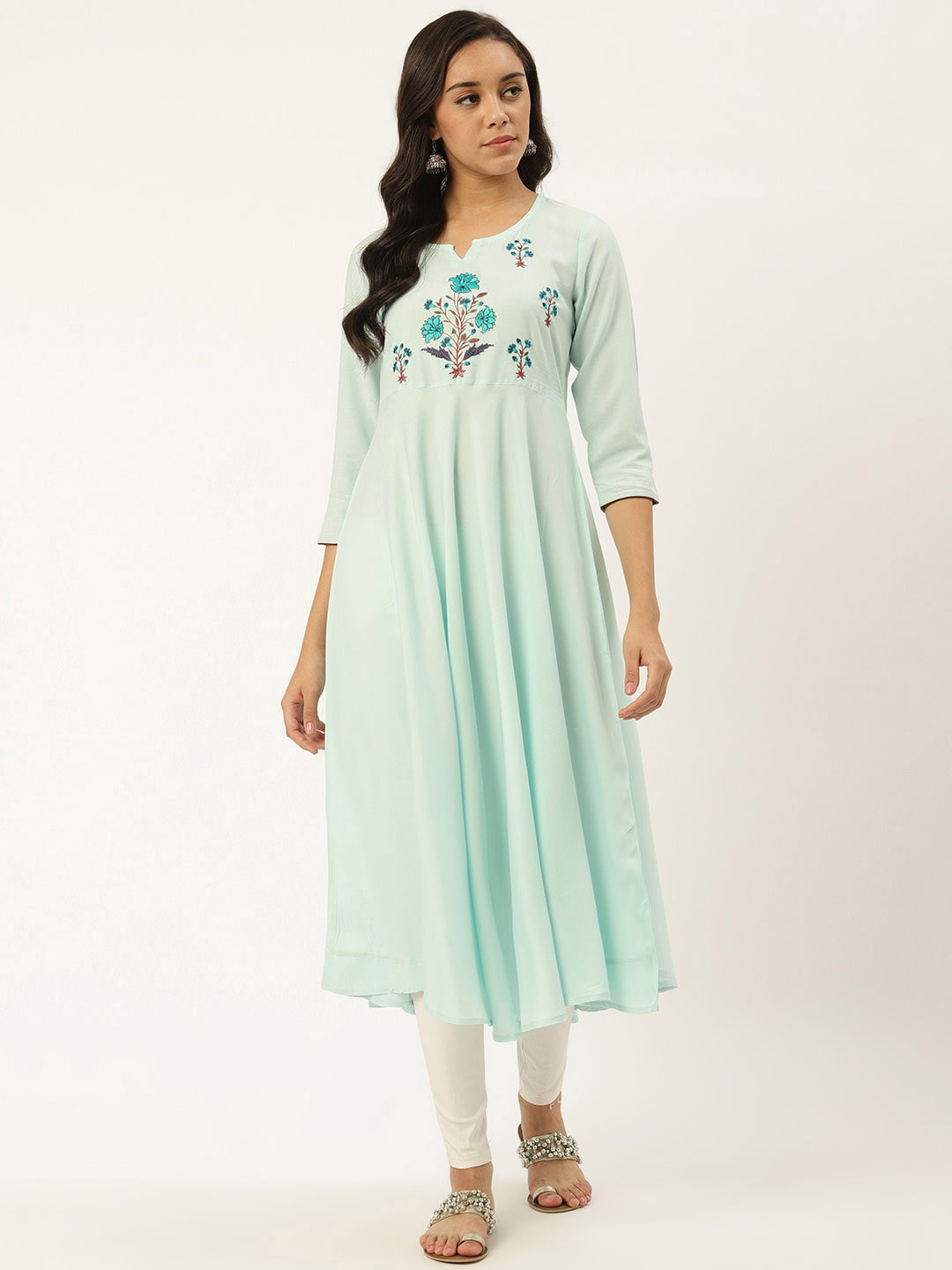 all about you Turquoise Blue Floral Yoke Design Thread Work A-Line Kurta