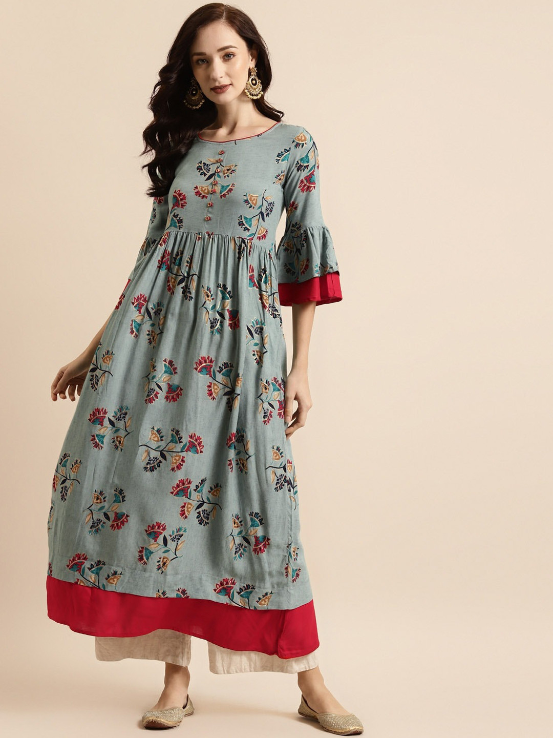all about you Teal Green Floral Printed Round Neck Bell Sleeves A-Line Kurta