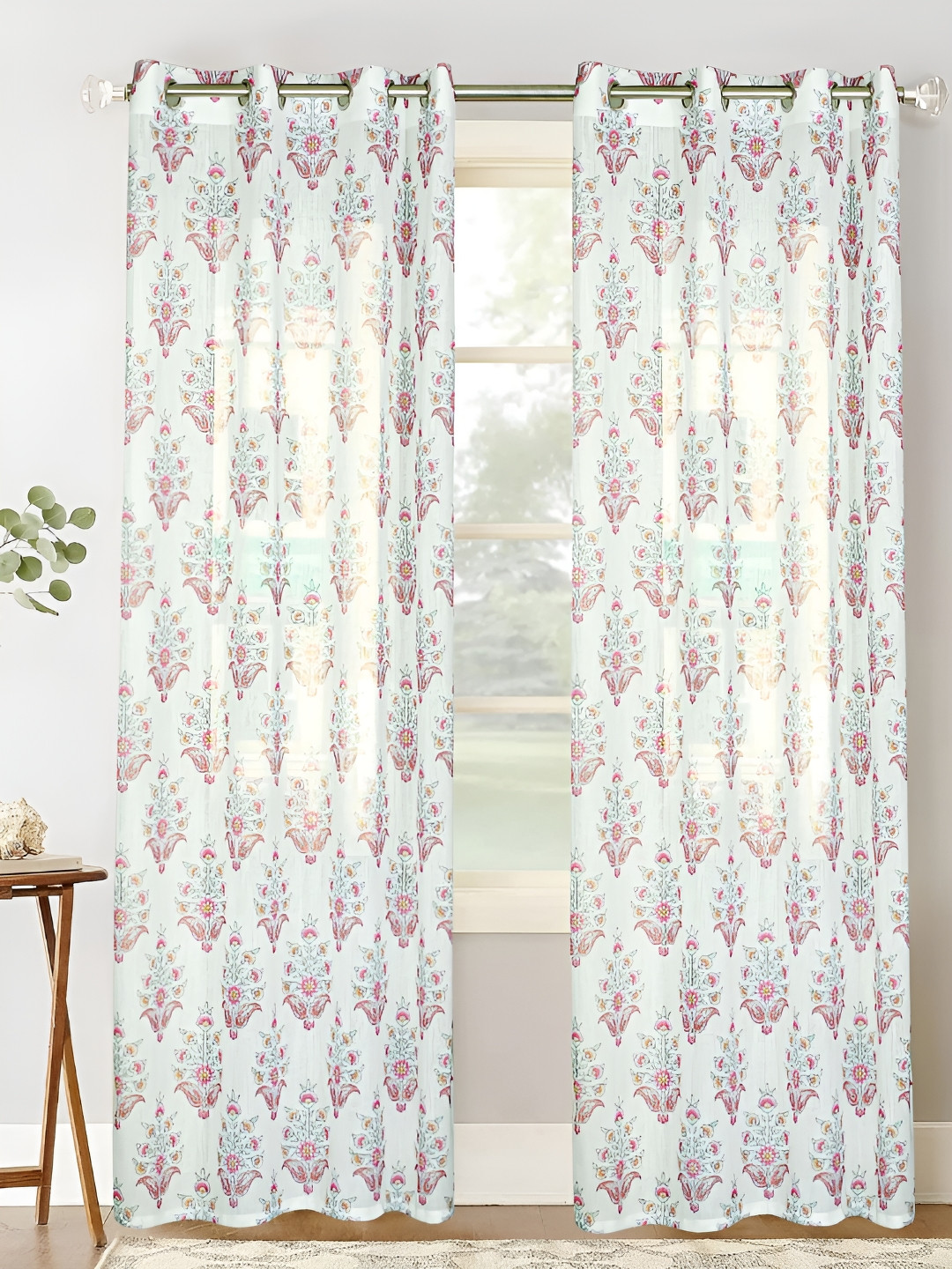 HOMADORN White & Pink Floral Eyelet Sheer Linen Door Curtains