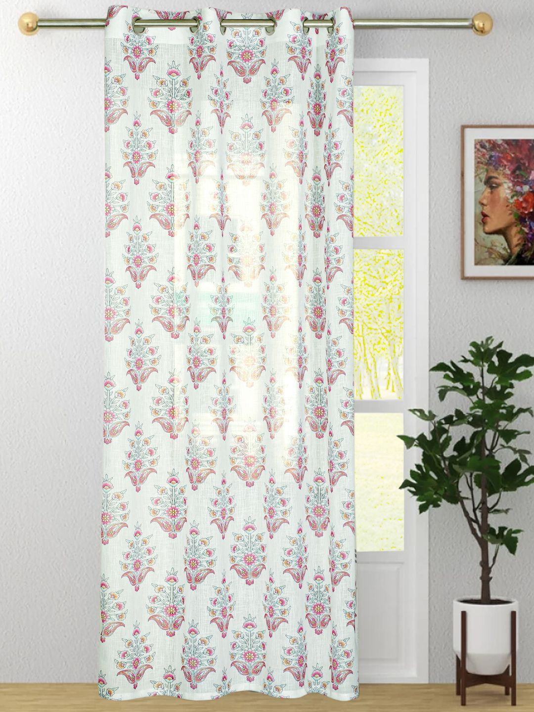 HOMADORN White & Pink Floral Eyelet Sheer Linen Long Door Curtains