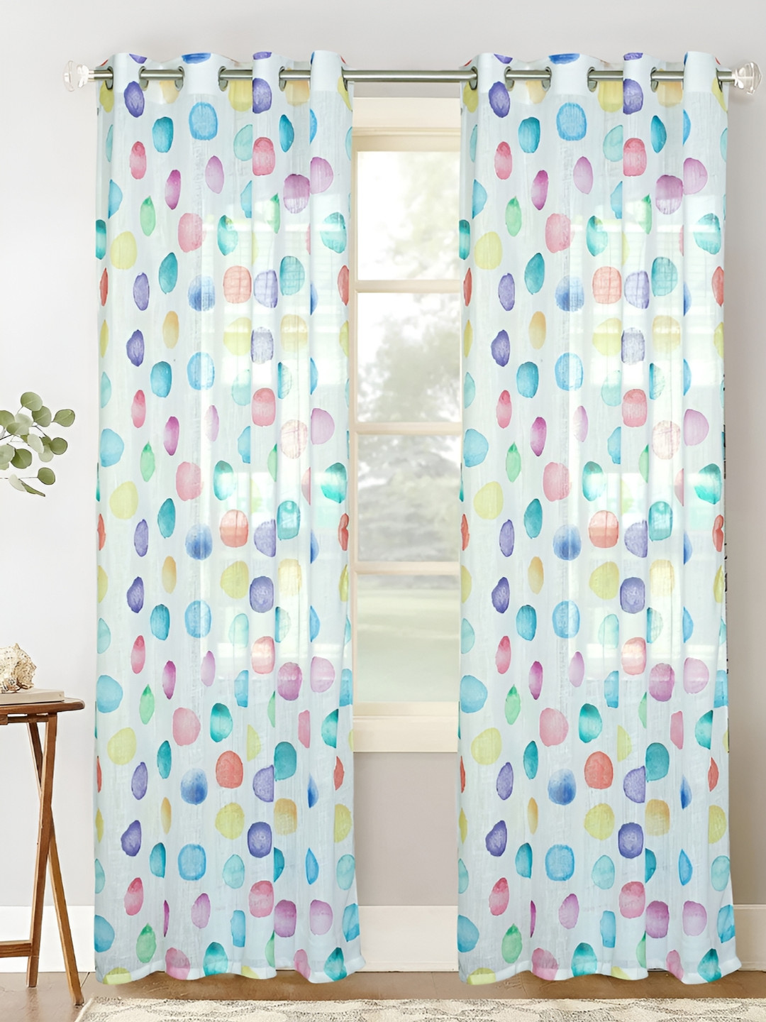 HOMADORN White & Pink Geometric Eyelet Sheer Linen Door Curtain