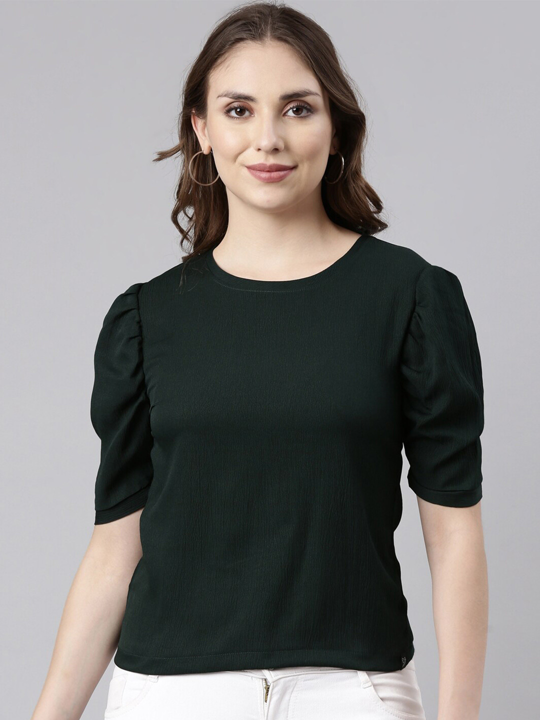 TWIN BIRDS Puff Sleeves Regular Crumple Short Top