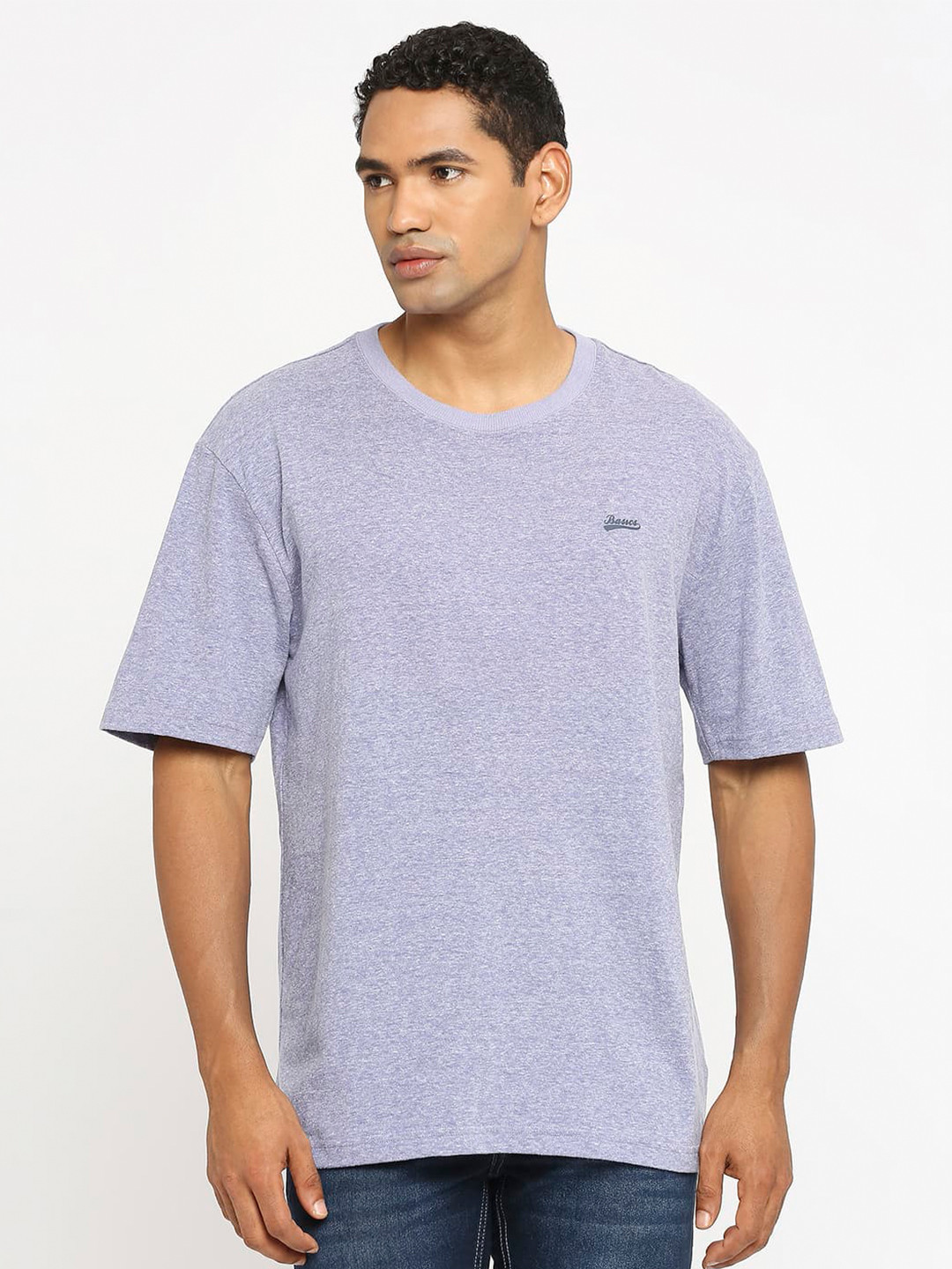 Basics Self Design Drop-Shoulder Sleeves Cotton Longline Relaxed Fit T-shirt