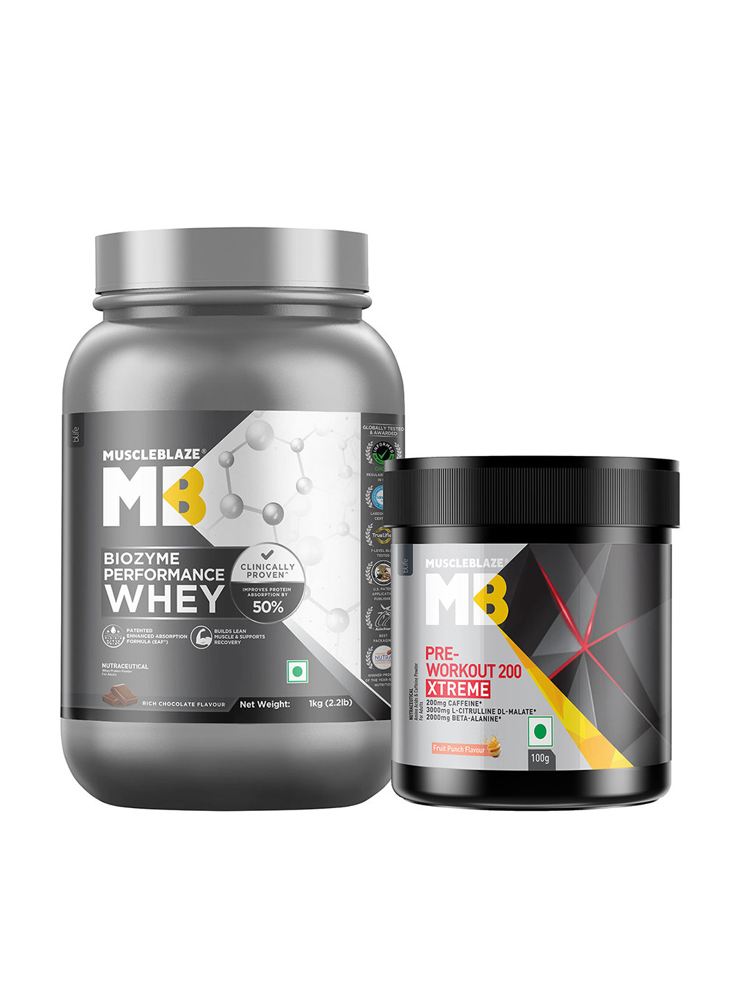 MuscleBlaze Biozyme Performance Whey- Rich Chocolate & PRE Workout 200 Xtreme- 1Kg