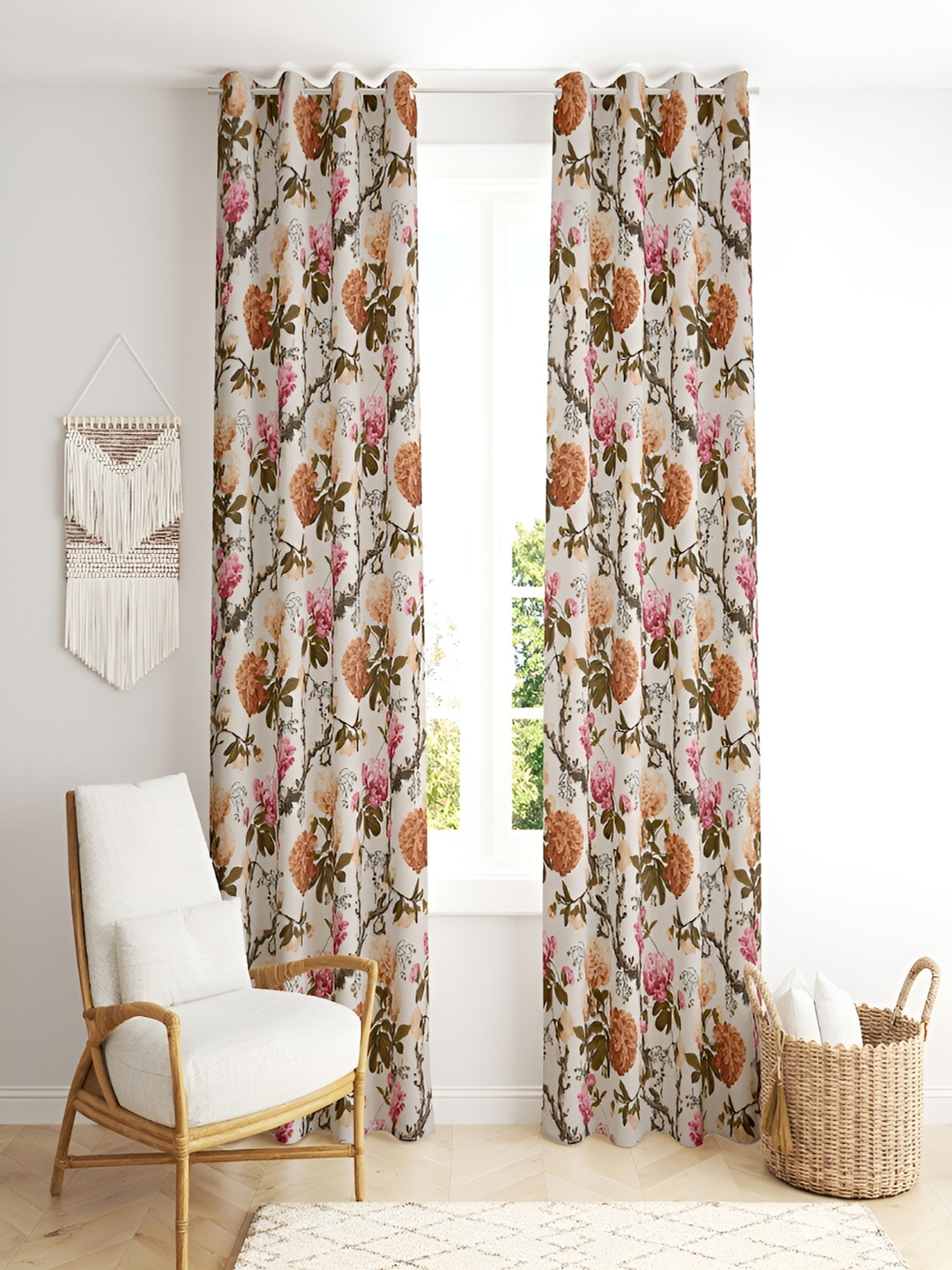 CHICERY Orange & White 2 Pieces Floral Room Darkening Cotton Window Curtains