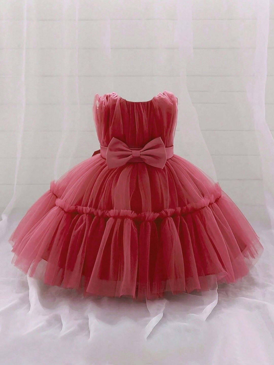 BAESD Girls Round Neck Bow Tiered Net Fit & Flare Dress