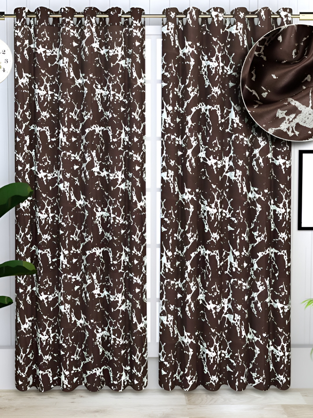 bsb home Coffee Brown & White 2 Pieces Abstract Black Out Door Curtain