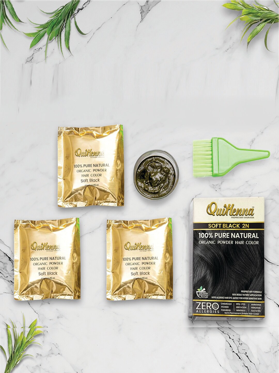 QUIKHENNA 3-Pc Pure Natural Organic Powder Hair Color with Amla 40 g each - Soft Black 2N