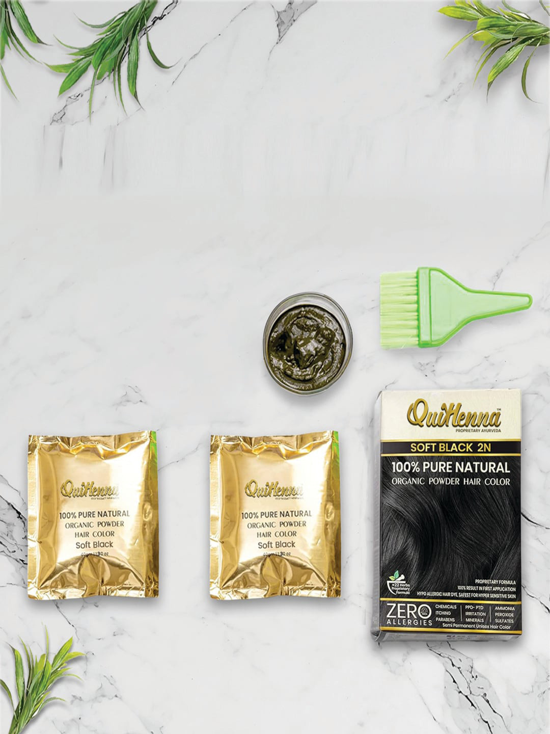 QUIKHENNA 2-Pc Pure Natural Organic Powder Hair Color with Amla 40 g each - Soft Black 2N