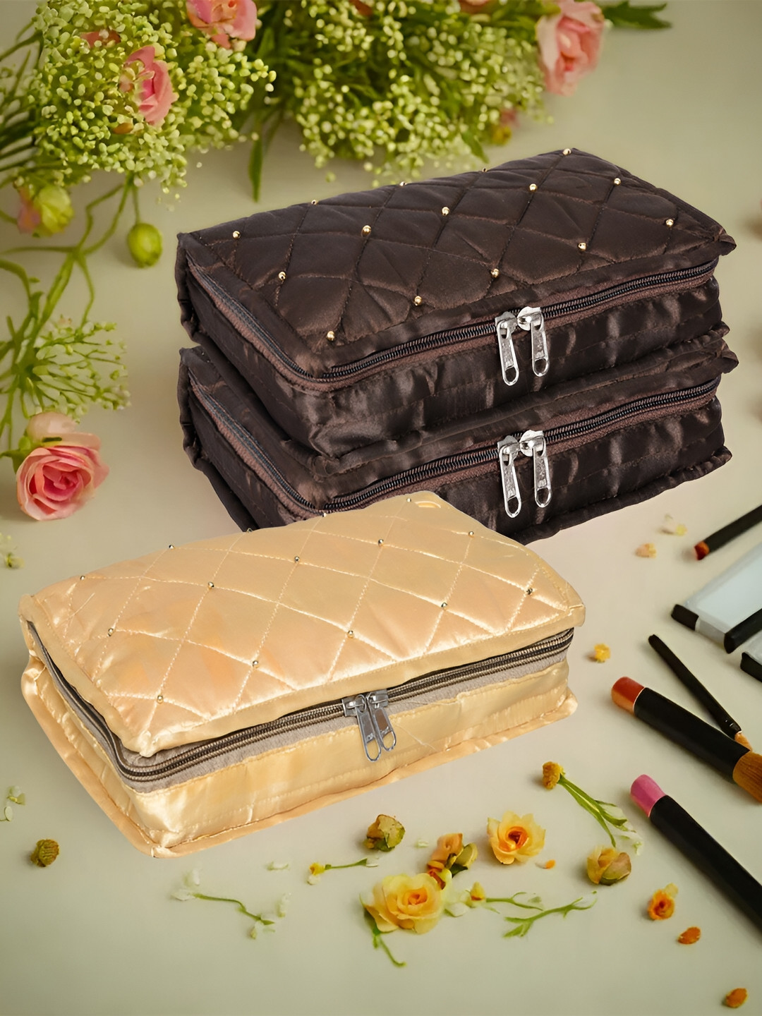 Kuber Industries Beige & Brown 3 Pieces Self Design Reusable Jewellery Organisers