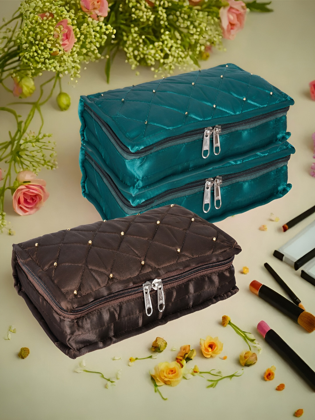Kuber Industries Teal Green & Brown 3 Pieces Jewellery Organisers