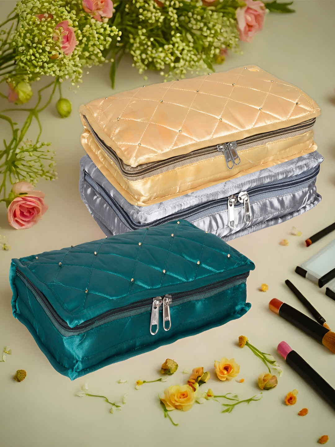 Kuber Industries Teal 3 Pieces Reusable Jewellery Organisers