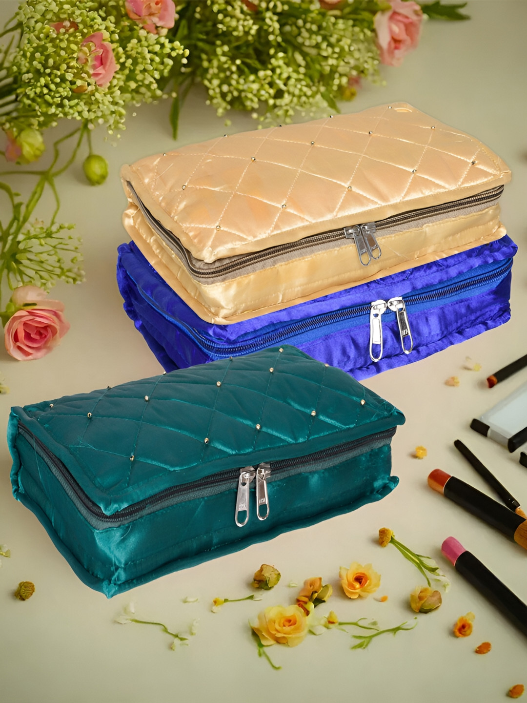 Kuber Industries Teal & Beige 3 Pieces Self Design Reusable Jewellery Organisers