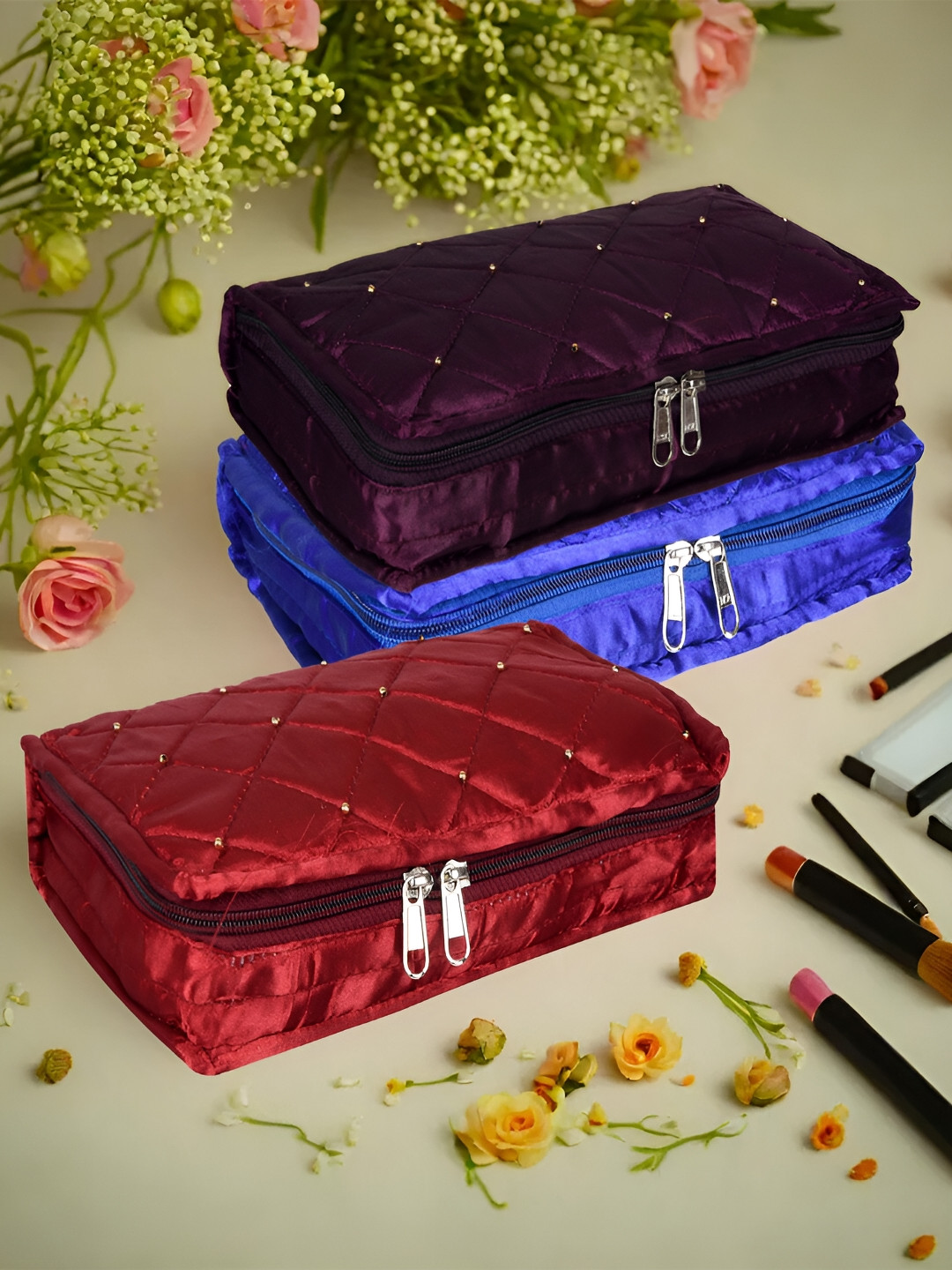 Kuber Industries Blue & Marron 3 Pieces Textured Satin Jewellery Organisers
