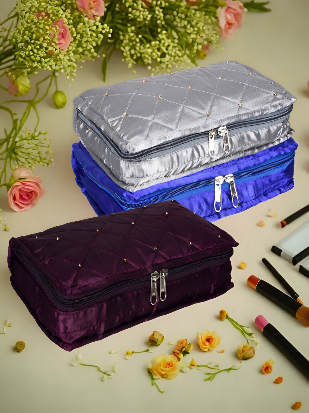 Kuber Industries Purple & Silver Toned 3 Pieces Textured Satin Jewellery Organisers