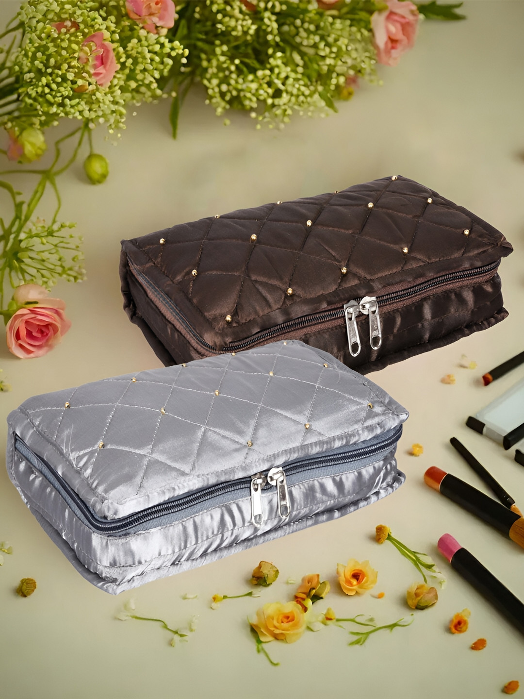 Kuber Industries Brown and SilverToned 2 Pieces Reusable Jewellery Organisers