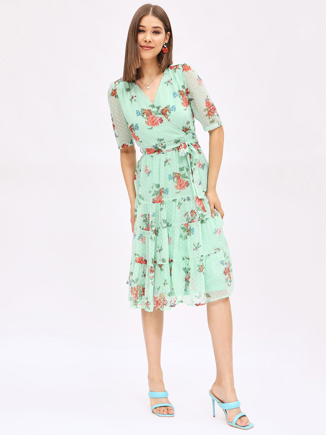 Harpa Floral Print V-Neck Short Sleeves Wrap Midi Dress