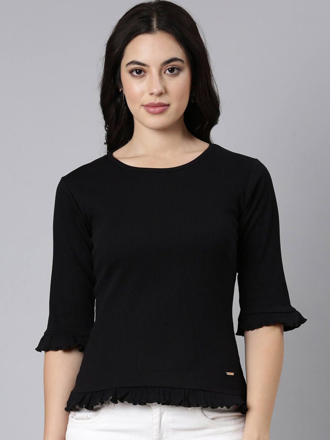 TWIN BIRDS Round Neck Ruffled Cotton Top