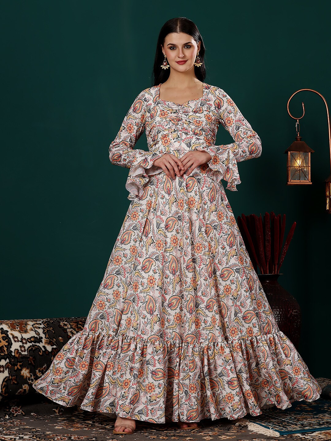 Ethnovog Floral Print Satin Square Neck Bell Sleeve Opaque Maxi Dress