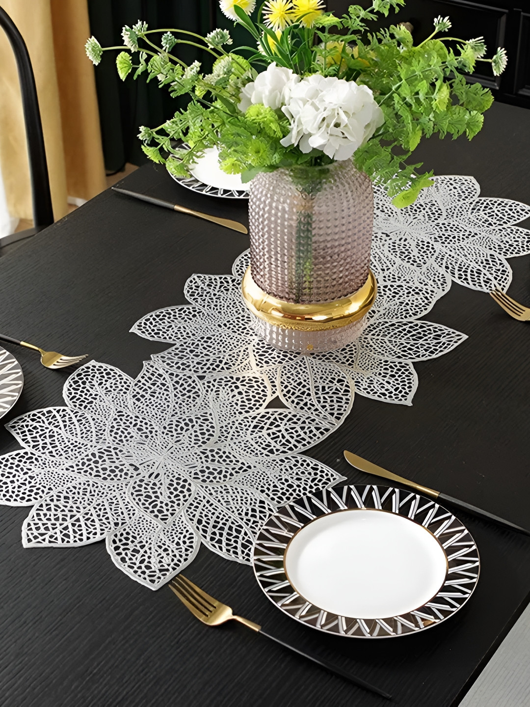 MONKDECOR Grey Cutwork Floral Shaped Table Runner