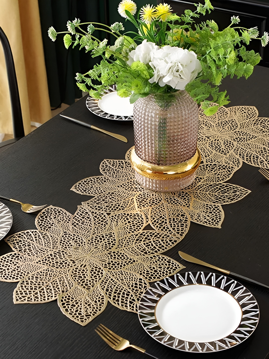 MONKDECOR Gold Toned Cutwork Floral Shaped Table Runner