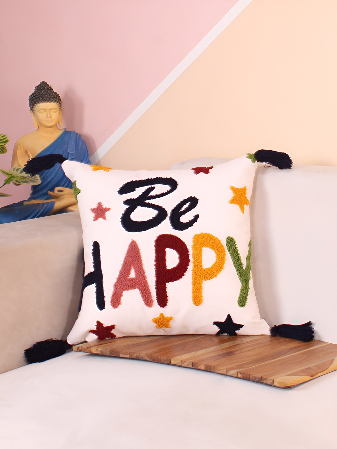 STITCHNEST Aari Be Happy Embroidered Polyester Lightweight Cushion Covers - 16 x 16 In