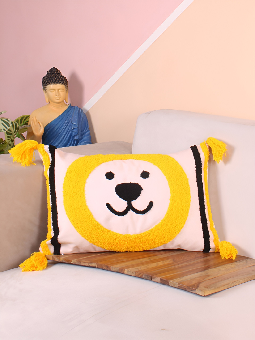 STITCHNEST Yellow Embroidered Polyester Silk Lightweight Rectangle Cushion Cover -12x18In