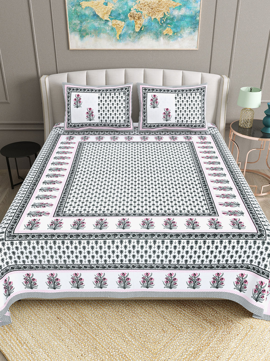 BELLA CASA Teal Ethnic Motifs Cotton 180 TC King Fine Bedsheet with 2 Pillow Covers-91 x 108 inches