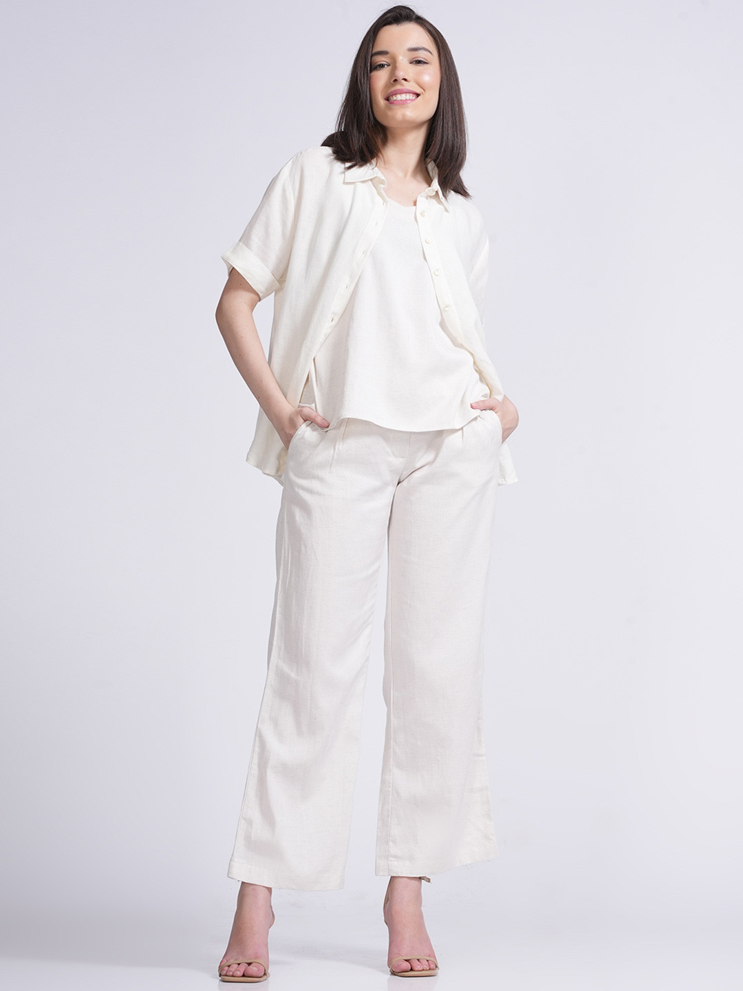 Saltpetre Blanche Short Sleeves Linen T-shirt & Shirt With Trousers Co-Ords Set