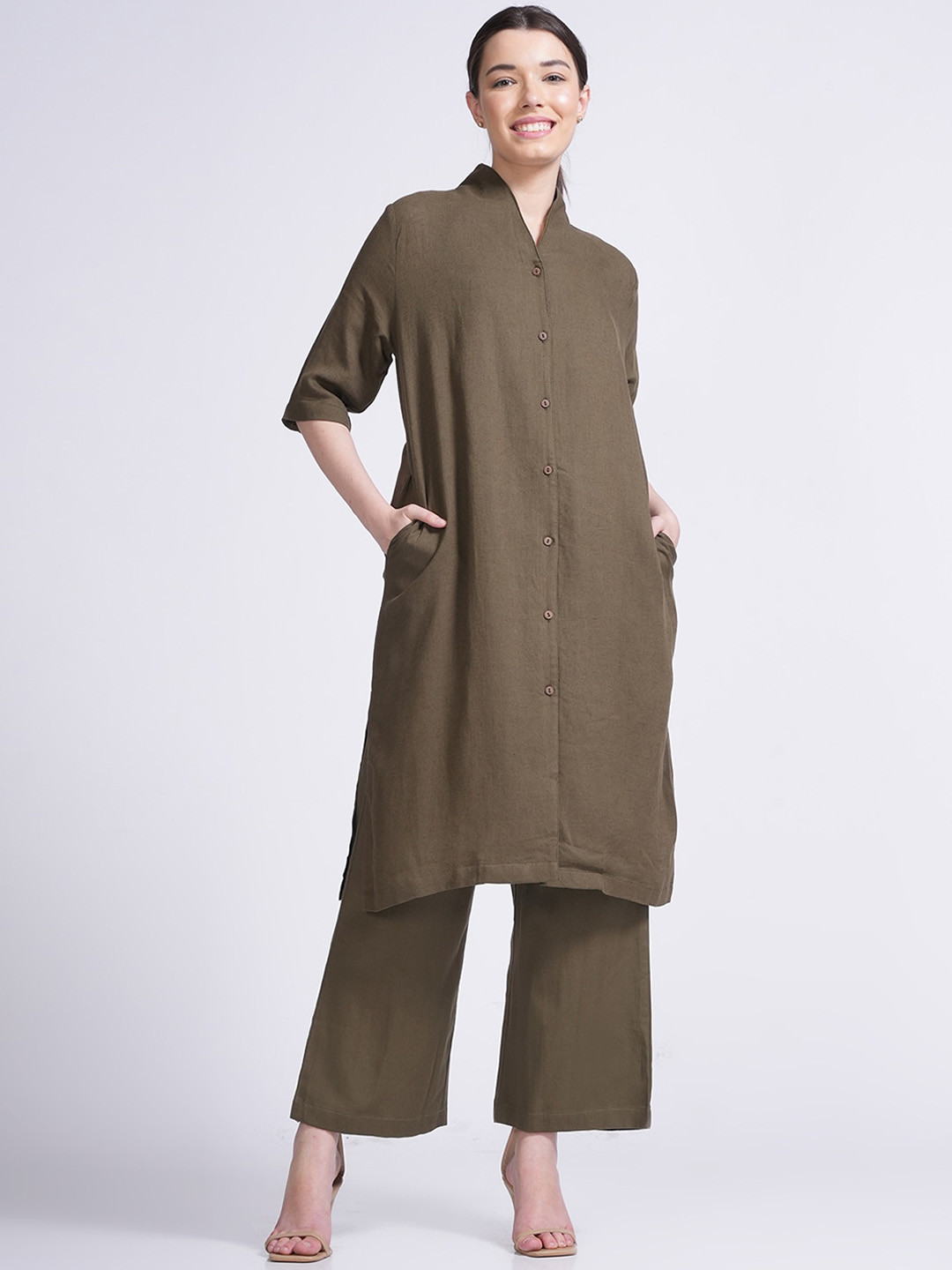 Saltpetre V-Neck Linen Long Shirt & Trousers Co-Ords Set