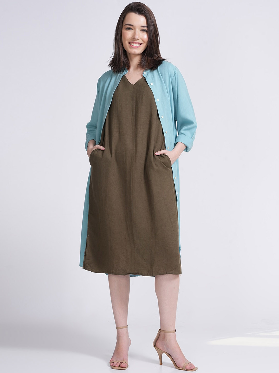 Saltpetre Women Mandarin Neck Overlay with V-Neck Midi Length Dress Set of 2