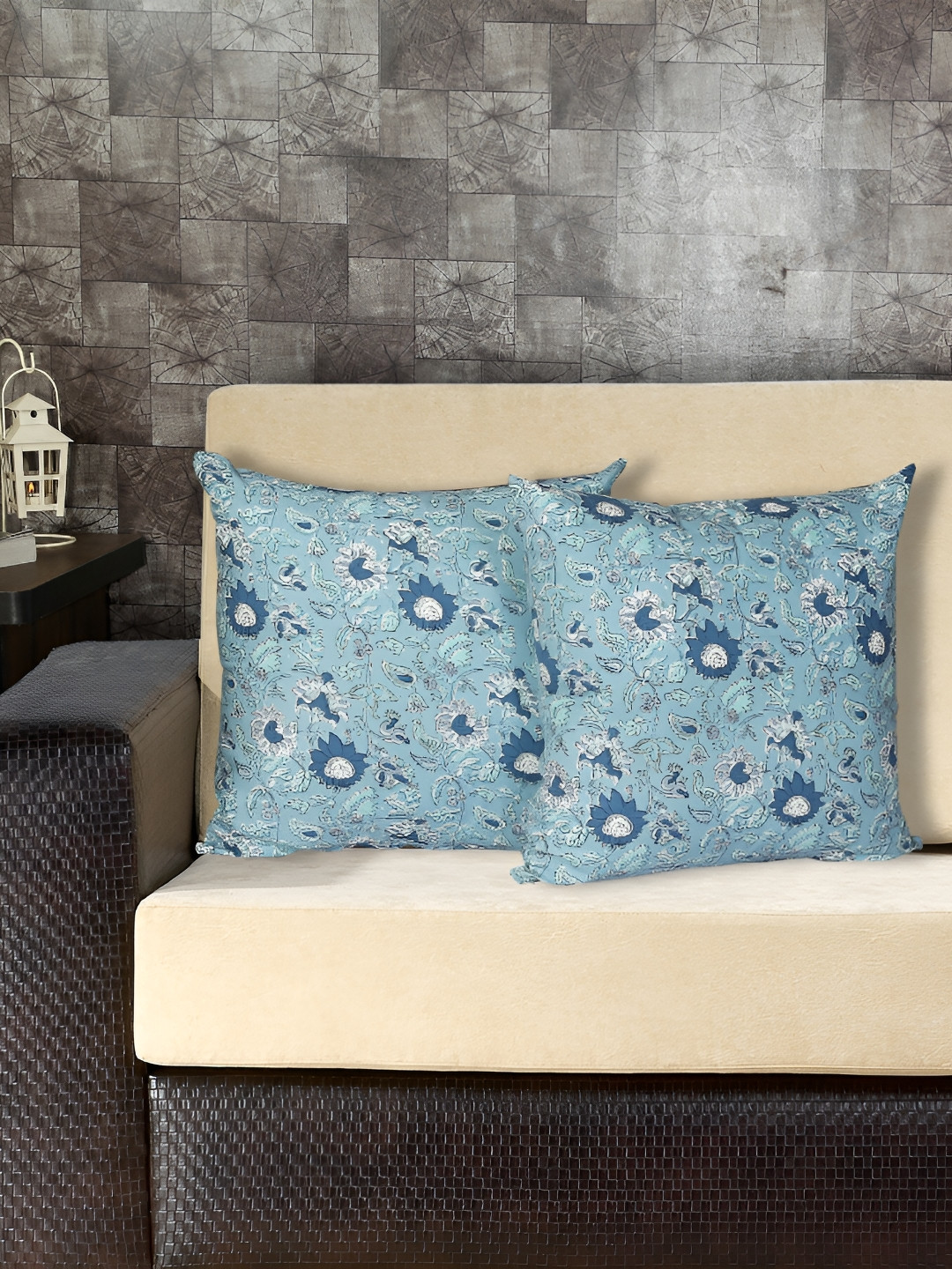 Texstylers Blue Floral Cotton Reversible 2 Piece Square Cushion Covers -18x18In