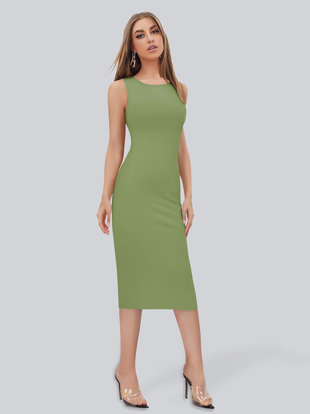 KERI PERRY Plain Straight Fit Round Neck Sleeveless Partywear Bodycon Midi Dress