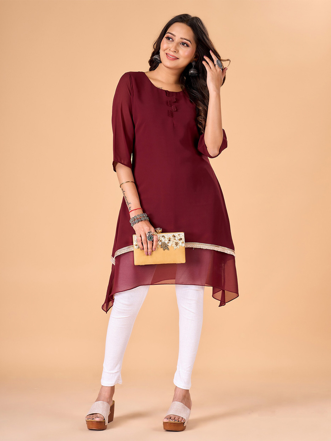 flaher Round Neck A-Line Asymmetric Kurta