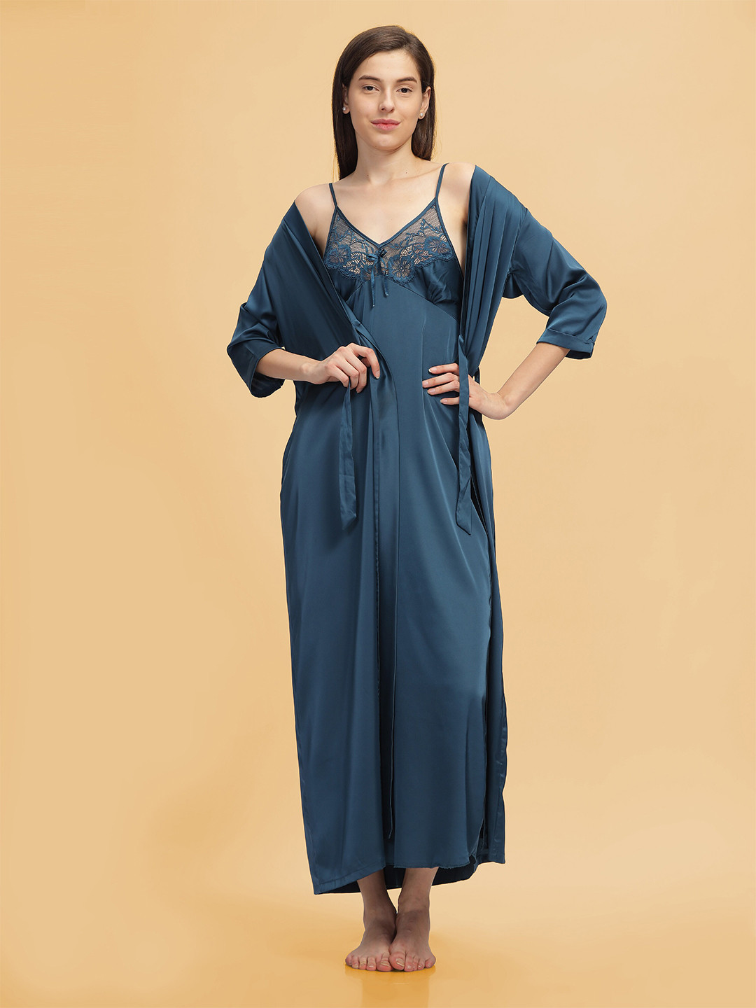 9shines Label Shoulder Straps Baby Doll Satin Maxi Nightdress with Robe