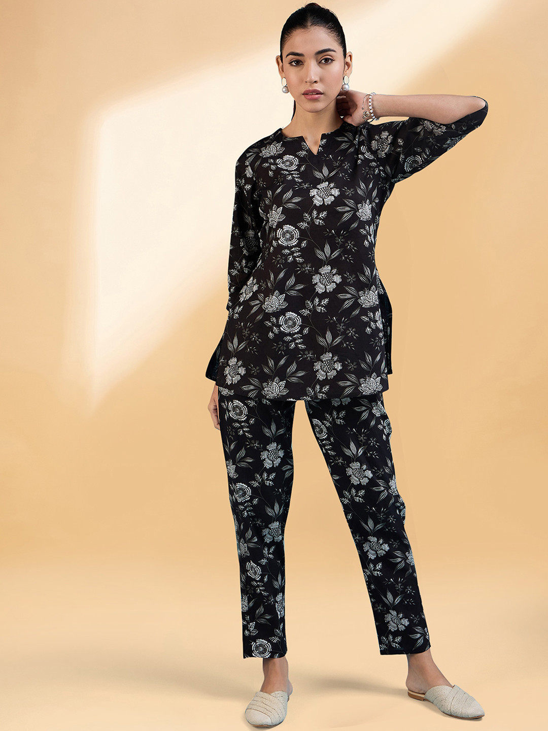 Routes by All About You Black Floral Printed Tunic With Trouser